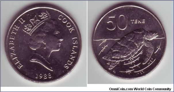 Cook Islands - 50c - 1988

Same size as the New Zealand 50c, this one depicts a turtle