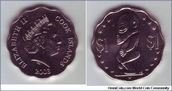 Cook Islands - $1 - 2003

Unusual shaped $1 coin of the Cook Islands, depicting a fertility God of the islands