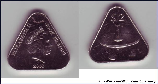 Cook Islands - $2 - 2003

Yet another odd coin from the Cook Islands, this time a triangular shaped (yes you read that right) coin, although uncirulated this has suffered some damaged, which had occured before I got the coin unfortunately