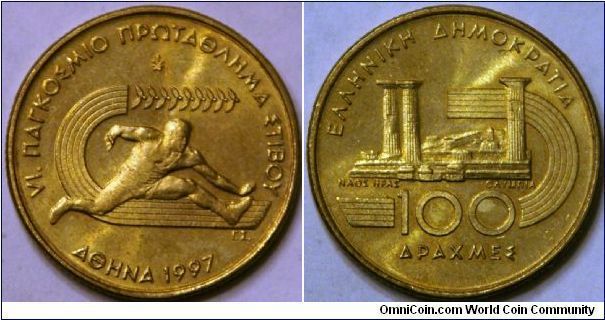 100 drachmas,  VI International Athletics Championship Athens 1997, 29.5 mm (O - Hurdler, R - Temple of Hera), reference www.bankofgreece.gr