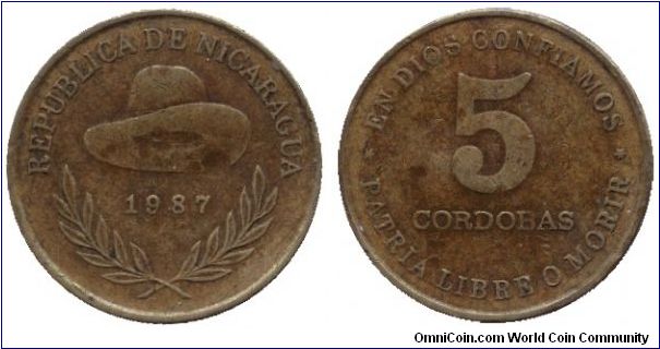 Nicaragua, 5 cordobas, 1987, Al-Bronze, Hat.                                                                                                                                                                                                                                                                                                                                                                                                                                                                        