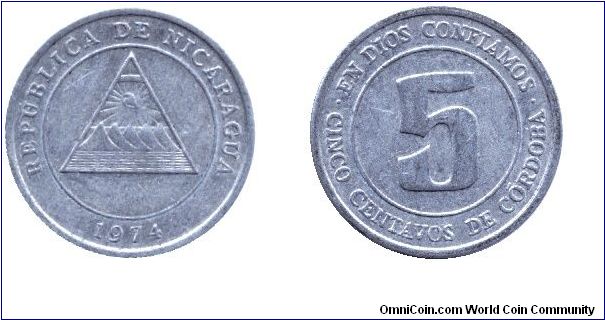 Nicaragua, 5 centavos, 1974, Al.                                                                                                                                                                                                                                                                                                                                                                                                                                                                                    