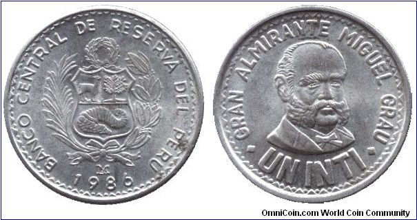 Peru, 1 inti, 1986, Cu-Ni, Gran Almirante Miguel Grau.                                                                                                                                                                                                                                                                                                                                                                                                                                                              