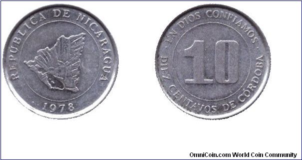 Nicaragua, 10 centavos, 1978, Cu-Ni, map.                                                                                                                                                                                                                                                                                                                                                                                                                                                                           