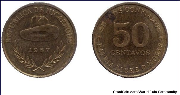 Nicaragua, 50 centavos, 1987, Al-Bronze, Hat.                                                                                                                                                                                                                                                                                                                                                                                                                                                                       