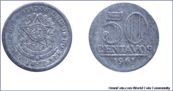 Brazil, 50 centavos, 1961, Al, Coat of Arms.                                                                                                                                                                                                                                                                                                                                                                                                                                                                        