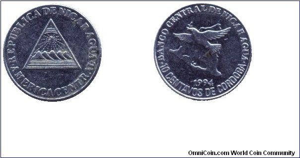 Nicaragua, 10 centavos, 1994, Peace Pigeons and Map.                                                                                                                                                                                                                                                                                                                                                                                                                                                                