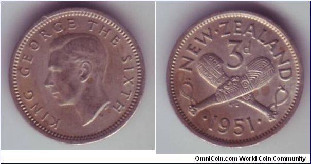 New Zealand - 3p - 1951

George VI 3 pence showing two clubs of sorts