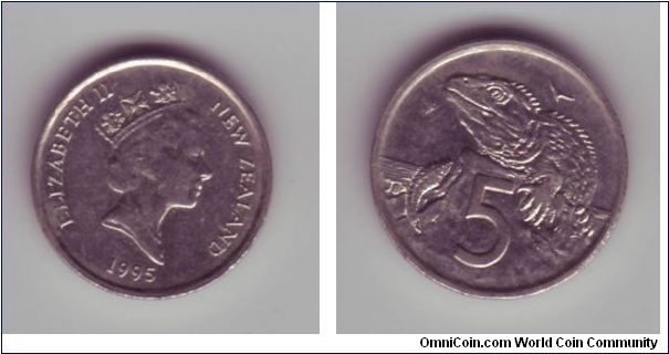 New Zealand - 5c - 1995

5c from New Zealand with Type 3 head & native Lizard on the reverse.  This coin was removed from circulation in 2006 and wasn't replaced

The lowest value coin in New Zealand is the 10c coin!
