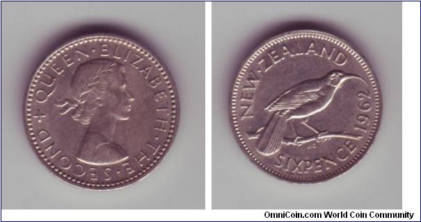New Zealand - 6p - 1962

Elizabeth II sixpence with native bird on the reverse