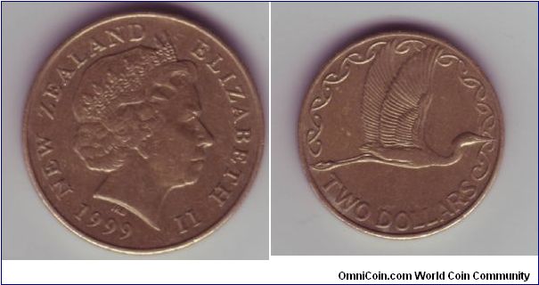 New Zealand - $2 - 1999

$2 coin showing a native bird of New Zealand.
