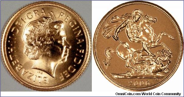 Uncirculated gold sovereign, difficult to get a good image of this. Next year's (2007) had recut dies.