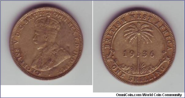 British West Africa - 1 Shilling - 1936

Nice a simpel design for BWA, showing a crowned portrait of George V on the obverse & a palm tree of sorts on the reverse