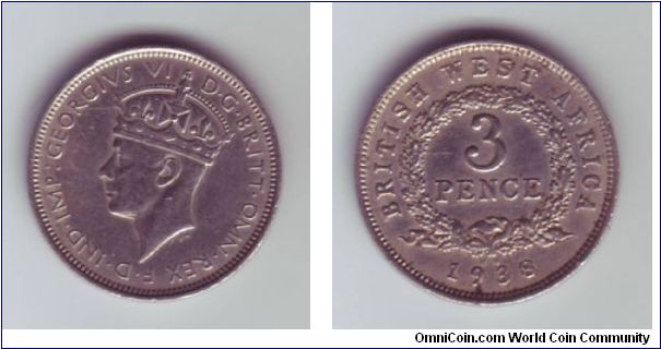 British West Africa - 3p - 1938

Rather interesting 3p coin from BWA, instead of being the same size as the UK version (like most regional versions were) this coin is signficantly larger.  It is more nearer the size of a 1 Shilling coin/Old 5p