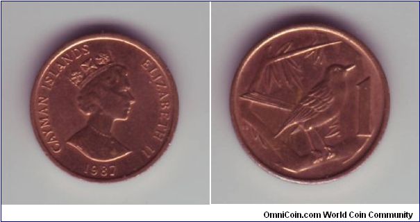 Cayman Islands - 1c - 1987

1 Cent with a native bird on the reverse side.

The obverse has a variant of the Type 3 head