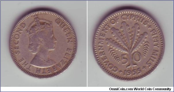 Government Of Cyprus - 50 Mils - 1955

British Cyprus coin showing a type of plant/tree
