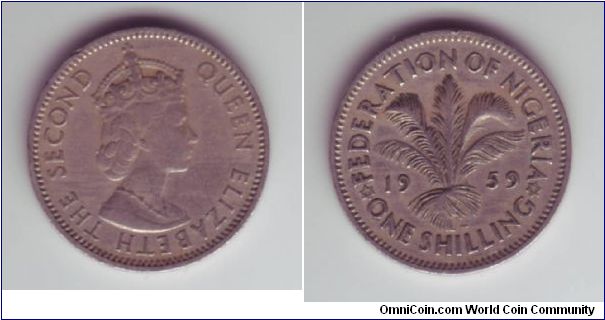 Federation Of Nigeria - 1 Shilling - 1959

British Nigeria coin with plant life on the reverse