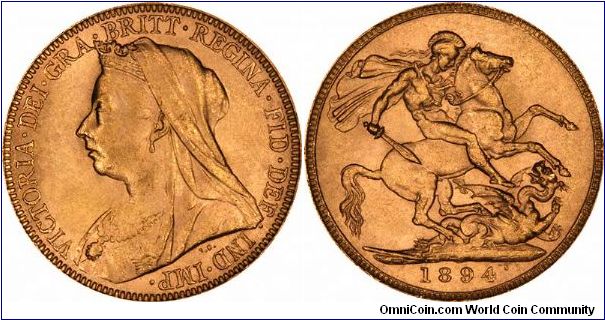 London Mint sovereign, no mintmark, old head Queen Victoria, St. George and dragon reverse.