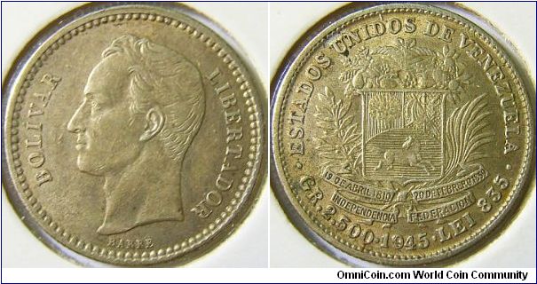 Venezuela 1945 1/2 bolivar.