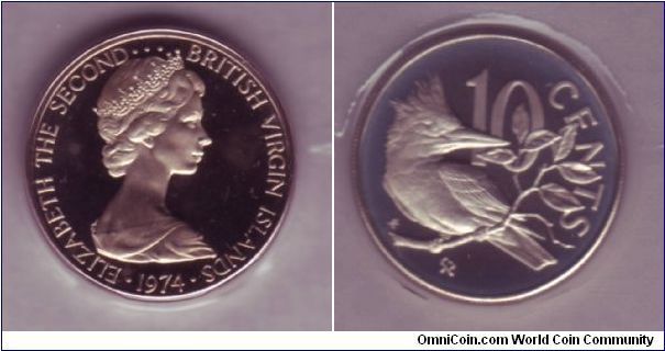 British Virgin Islands - 10c - 1974

Birds feature on all British Virgin Island Coins.  

All images are from a sealed Proof set, hence weird effects on some coins