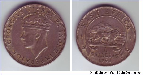 East Africa - 1/- - 1946

Shilling from East Africa.  Coins from both East Africa & British West Africa don't always follow tradional sizes, which is the case here.

This coin is the same size as a UK Two Shilling coin instead