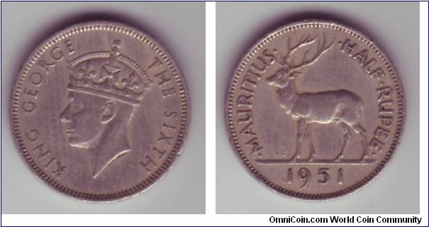 Mauritius - Half Rupee - 1951

George VI Half Rupee coin.