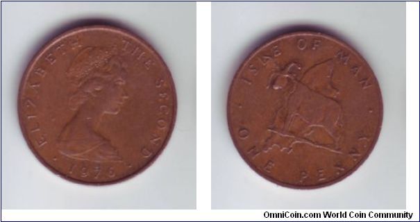 Isle Of Man - 1p - 1976

1p coin with goat on reverse, infront of a map of the IOM