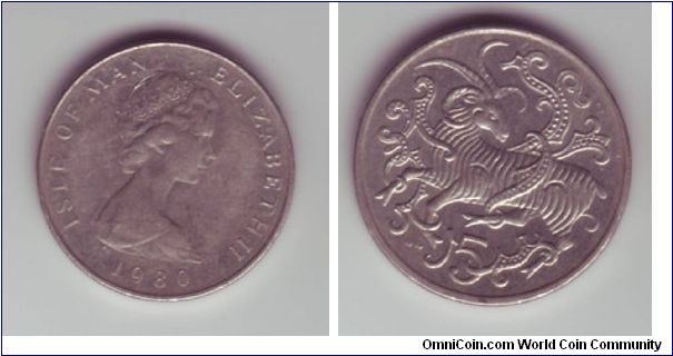 Isle Of Man - 5p -1980

Old size 5p coin in a decorative style with a goat within the pattern