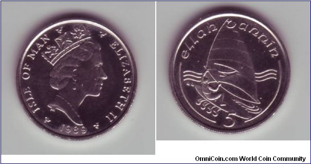 Isle Of Man - 5p - 1989

Old size coin, showing windsailing as a recreational activities draw tourists to the IOM

This was the first coin to depict a sporting event.

This design was carried over on the new smaller size