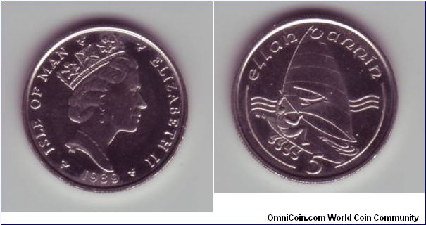 Isle Of Man - 5p - 1989

Old size coin, showing windsailing as a recreational activities draw tourists to the IOM

This was the first coin to depict a sporting event.

This design was carried over on the new smaller size