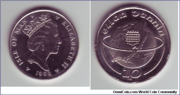 Isle Of Man - 10p - 1989

From coin set leaflet:

As A leading financial centre, the Islands holds a portcullis symbol within the world globe

The IOM however seems to be bigger than the world on the coin