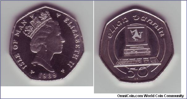 Isle Of Man - 50p - 1989

From coin set leaflet:

The Manx Triskelion emblem on a VDU sceen emphasises the speed which the IOM has adopted computer technology.

The computer depicted on this coin is now very dated