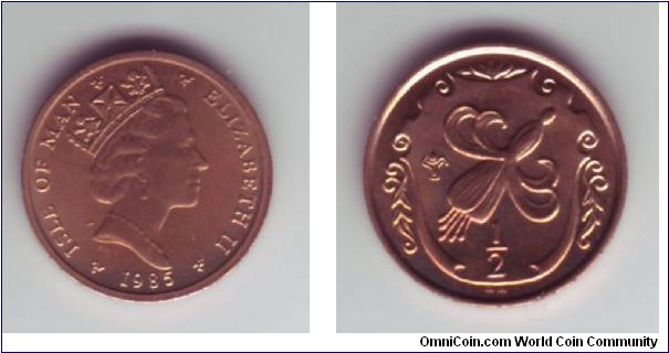 Isle Of Man - 1985 - 1/2p

Design shows a representation of a Fuschia Flower

Final 1/2p design before the coin was demonised, oddly enough the 1984 release in the UK was issued for sets only, this could be the case here.

Either that of the IOM kept the 1/2p for several years afterwards, either way it was gone by 1989