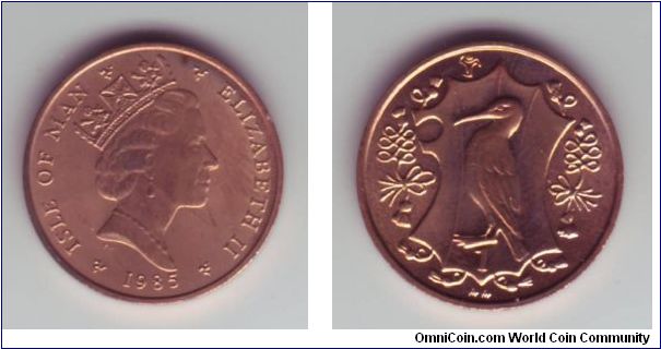 Isle Of Man - 1p - 1985

design sgowing a representation of a Cormorant.

All coins from the 1985 issue (from 1/2p-50p) have a mint mark representing the Isle Of Man 85 - Year Of Sport