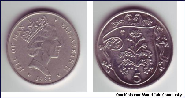Isle Of Man - 5p - 1985

Design showing a representation of a Ragwort or Cushag which is a national flower of IOM