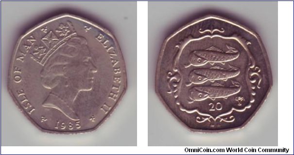Isle Of Man - 20p - 1985

Design showing a representation of three herrings.