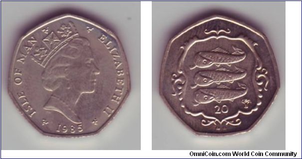 Isle Of Man - 20p - 1985

Design showing a representation of three herrings.