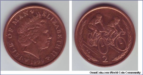 Isle Of Man - 2p - 1999

Design represents two cyclists who look as if they are in a race
