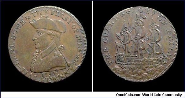Earl Howe and the glorious 1st of June 1794.
Mm. 29 - Copper -Halfpenny token (Payable in Suffolk, Bath or Manchester)