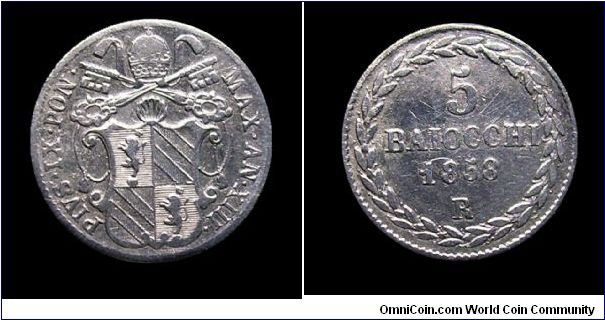 Papal States - Pius IX.
5 Baiocchi (Grosso). Mm 17 - Rome mint - Silver