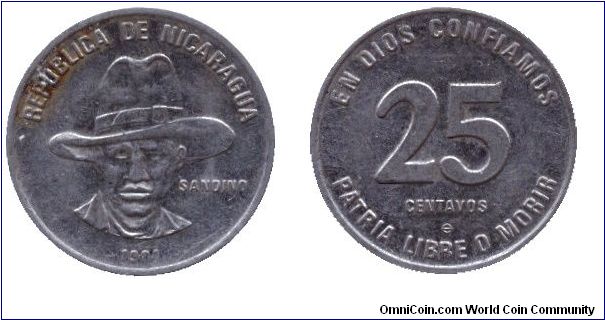 Nicaragua, 25 centavos, 1981, Ni-Steel, Sandino.                                                                                                                                                                                                                                                                                                                                                                                                                                                                    