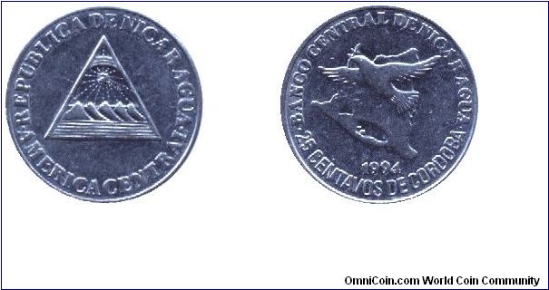 Nicaragua, 25 centavos, 1994, Peace Pigeon, and map.                                                                                                                                                                                                                                                                                                                                                                                                                                                                