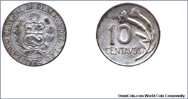 Peru, 10 centavos, 1972, Brass (silvered), Banco Central de Reserva del Peru.                                                                                                                                                                                                                                                                                                                                                                                                                                       