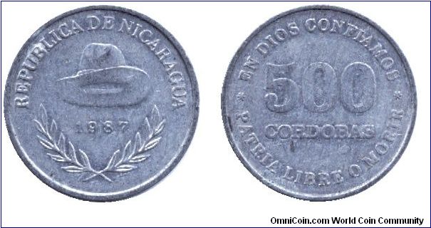 Nicaragua, 500 cordobas, 1987, Al, Hat, Republica de Nicaragua, En Dios Confiamos, Patria Libre o Morir.                                                                                                                                                                                                                                                                                                                                                                                                            