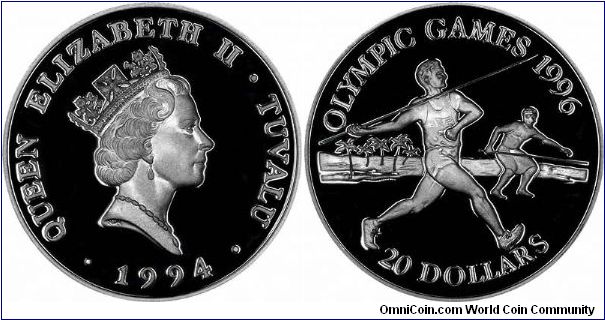 Tuvalu silver proof crown issued in 1994 for the 1996 Atlanta Georgia Olympic Games.