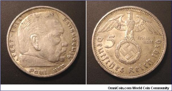 1936 5 mark, German, Nazi coin.