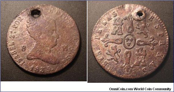 1839 8 Maravedis, Spain, holed, cleaned, odd retoning colors, probably artificial.