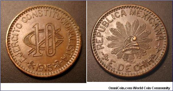 1915 10 centavos, Mexico. I guess this is a Mexican revolution token. Not sure if it was issued for rebel troops, or in commemoration of the revolution. It is smaller than the 1920 5 centavos I uploaded earlier.