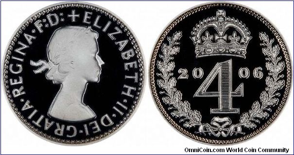 Maundy fourpence, sterling silver proof, included in the 2006 Queen's birthday 13 coin silver sets.