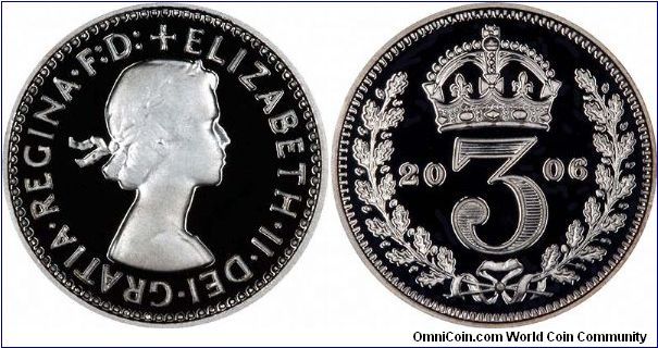 Crowned value '3' in wreath on reverse of silver proof Maundy threepence.